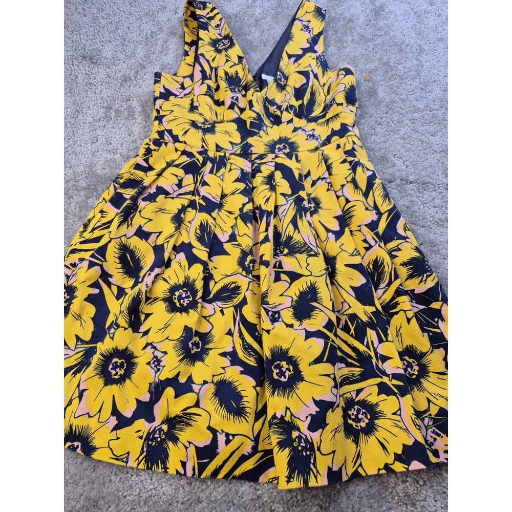 J. Crew Navy Blue Yellow Floral Pleated V-Neck Sun Dress Women's 6 Cottagecore